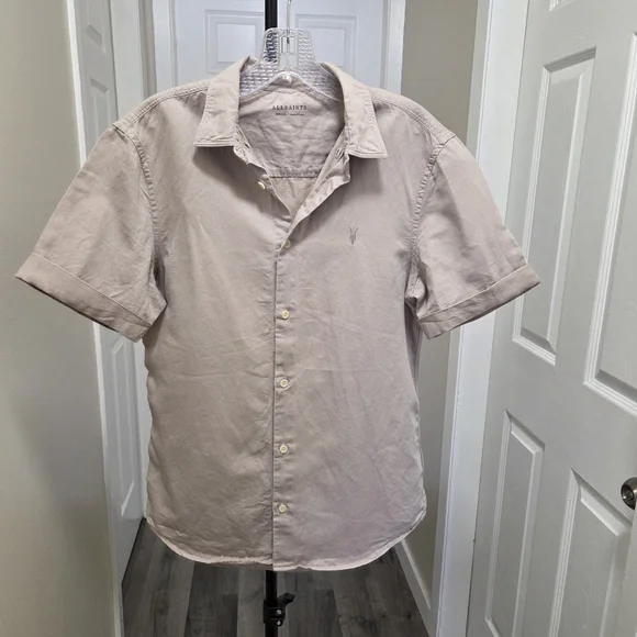 AllSaints Hermosa Cotton Linen Blend Short Sleeve Polo Shirt Beige Neutral - Picture 2 of 8